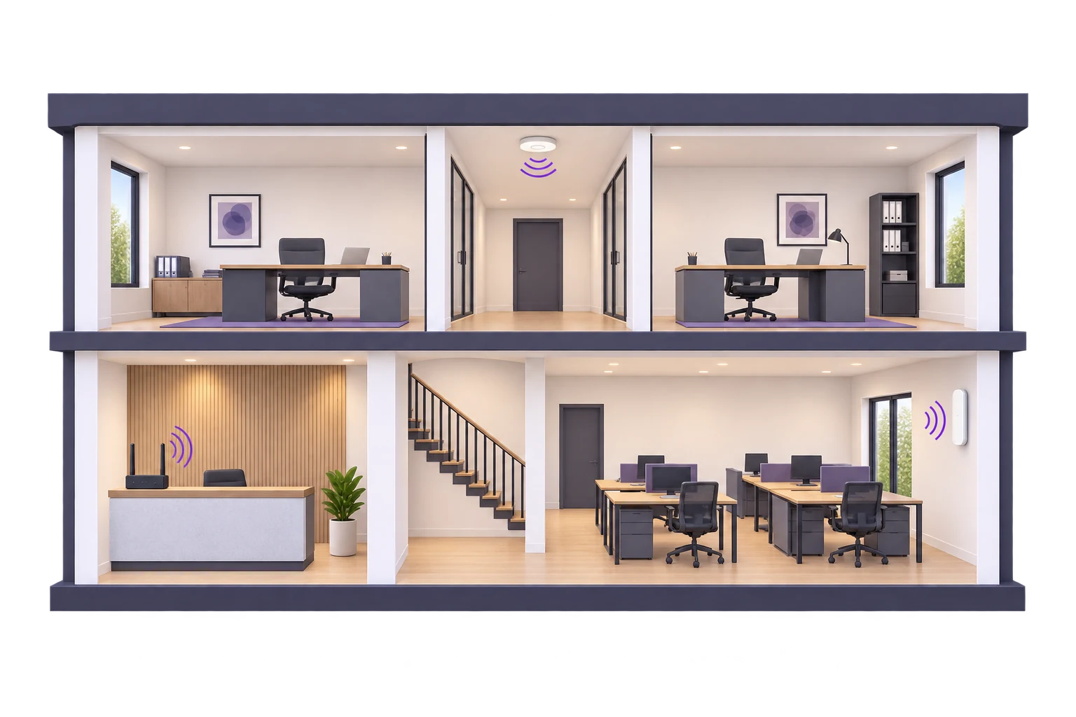 Office Wi-Fi diagram with a router at reception, a ceiling access point in the corridor and a wall access point in the open-plan workspace